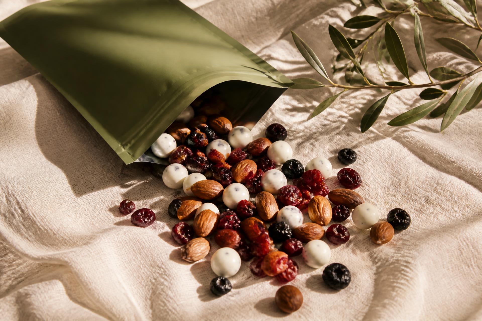Nutty Berries gourmet snack pouch with almonds, yogurt blueberries and cranberries