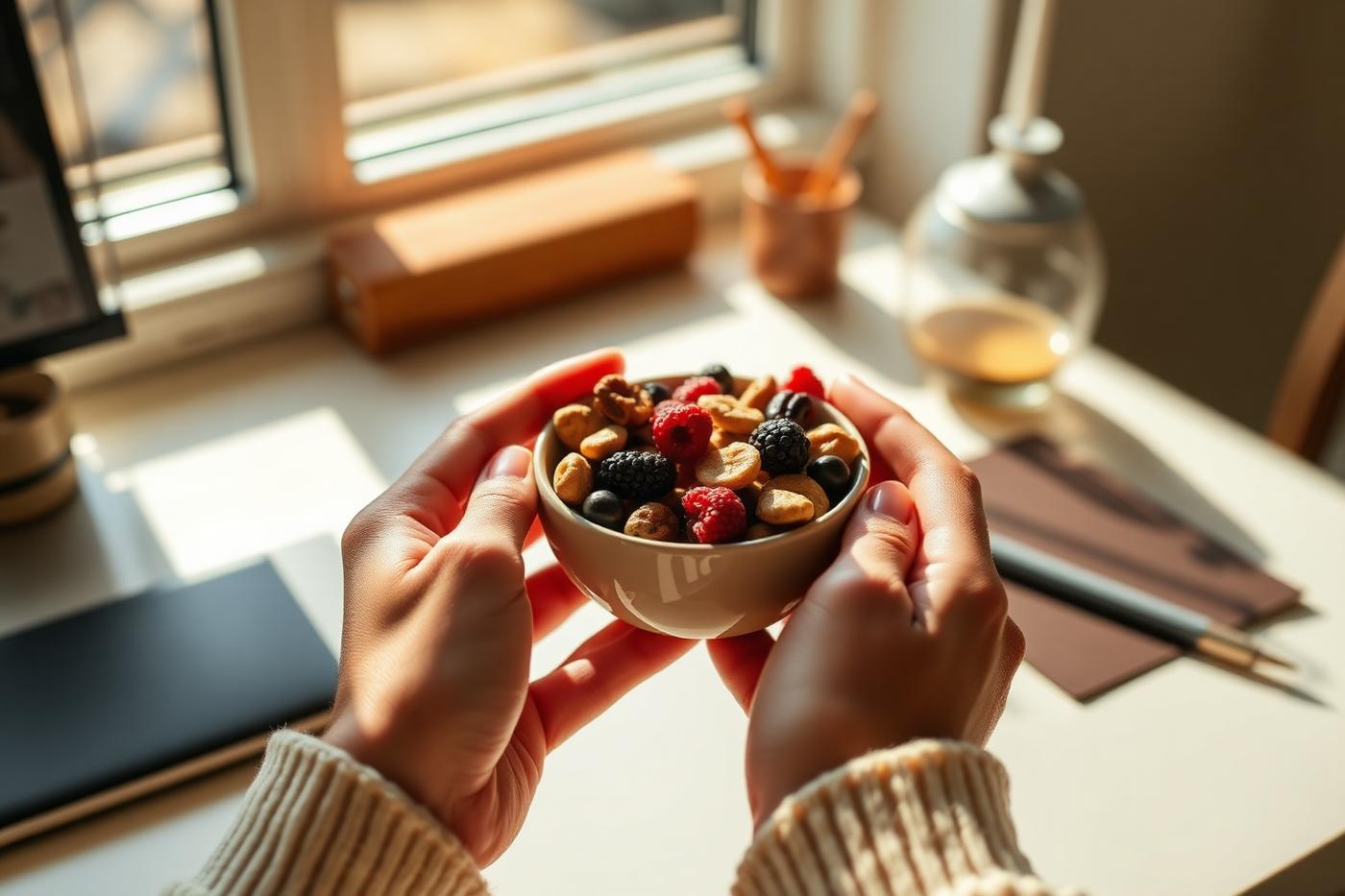 Hands holding a bowl of Nutty Berries snacks at a sunlit desk